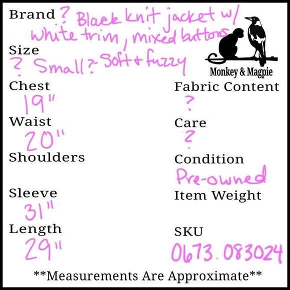 Black Knit Jacket With Contrast Ivory Trim Mixed Buttons Soft Fuzzy Small - Picture 8 of 8